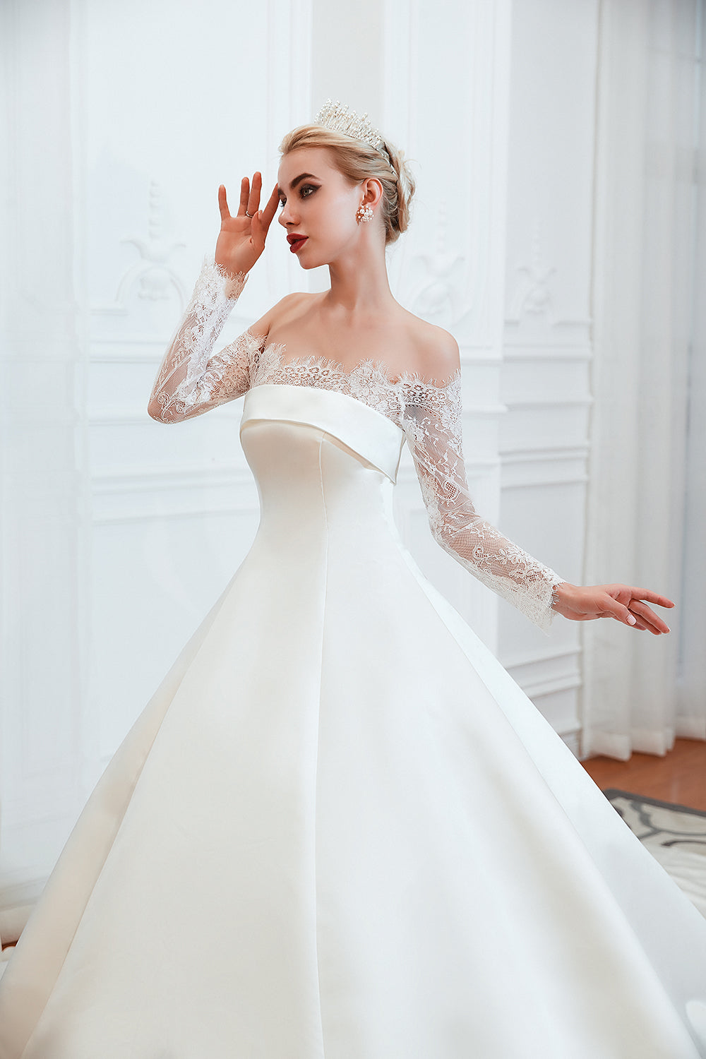 Stunning Off-the-Shoulder Long Sleeve A-Line Satin Wedding Dress with Lace
