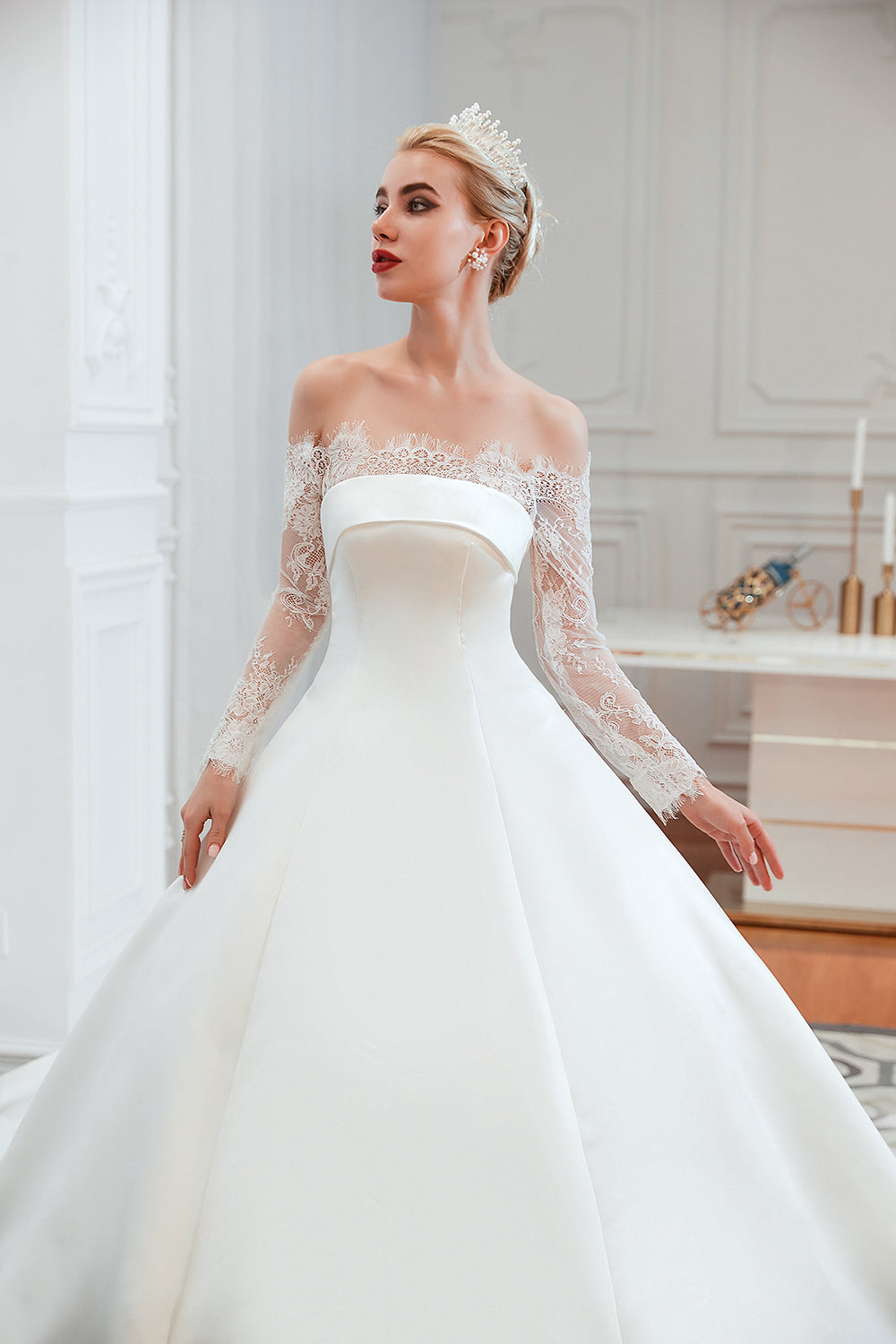 Stunning Off-the-Shoulder Long Sleeve A-Line Satin Wedding Dress with Lace