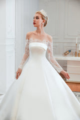 Stunning Off-the-Shoulder Long Sleeve A-Line Satin Wedding Dress with Lace