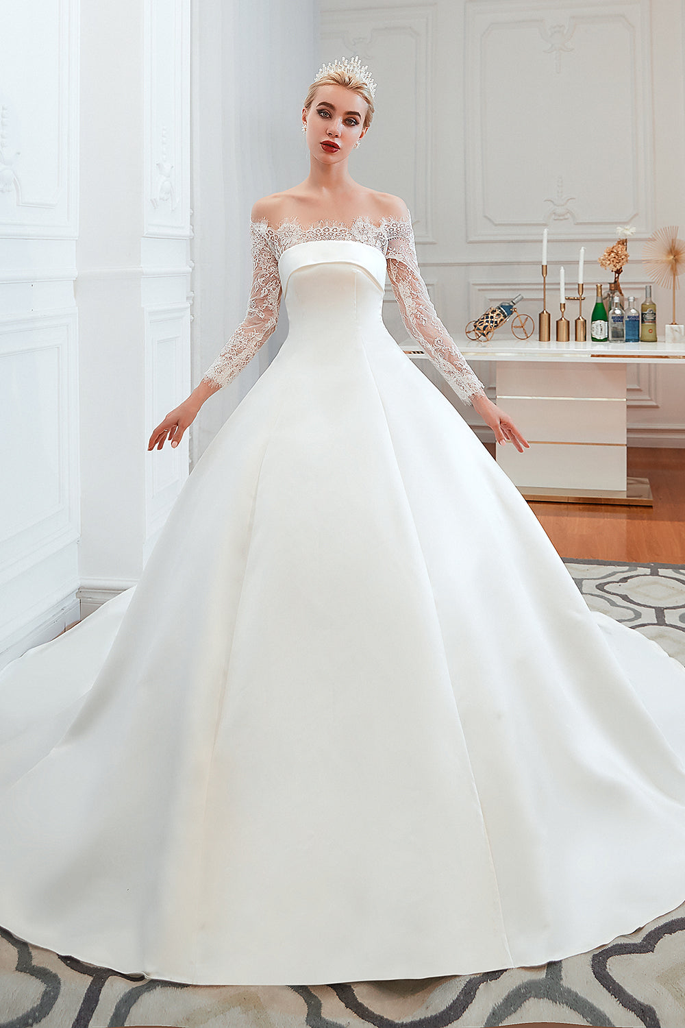 Stunning Off-the-Shoulder Long Sleeve A-Line Satin Wedding Dress with Lace