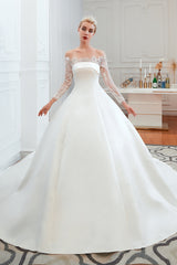 Stunning Off-the-Shoulder Long Sleeve A-Line Satin Wedding Dress with Lace