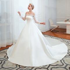 Stunning Off-the-Shoulder Long Sleeve A-Line Satin Wedding Dress with Lace