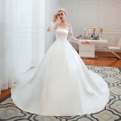 Stunning Off-the-Shoulder Long Sleeve A-Line Satin Wedding Dress with Lace