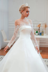 Stunning Off-the-Shoulder Long Sleeve A-Line Satin Wedding Dress with Lace