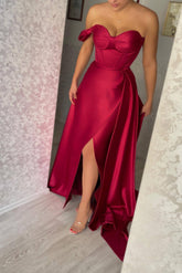Stunning One-Shoulder Strapless Sweetheart Slit Evening Dress with Ruffle