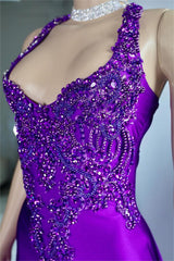 Stunning Halter Purple Mermaid Long Prom Dress with Split and Appliques