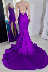 Stunning Halter Purple Mermaid Long Prom Dress with Split and Appliques