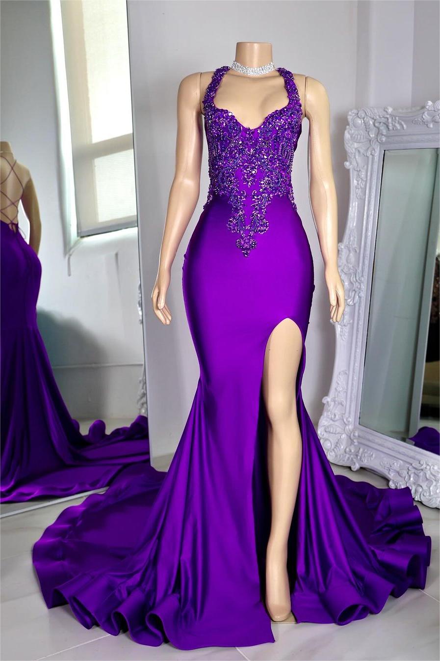 Stunning Halter Purple Mermaid Long Prom Dress with Split and Appliques