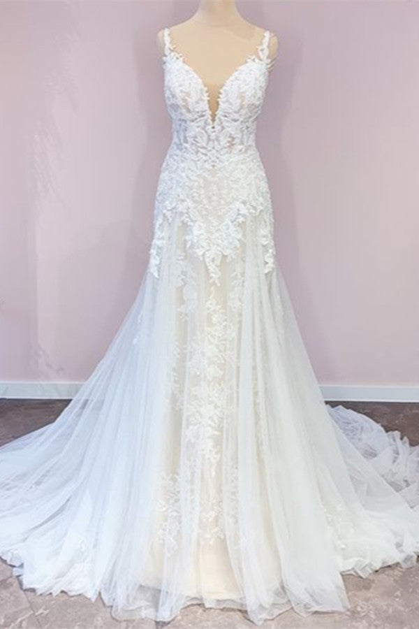 Stunning Spaghetti-Straps A-Line Wedding Dress With Sweetheart Neckline Appliques Lace