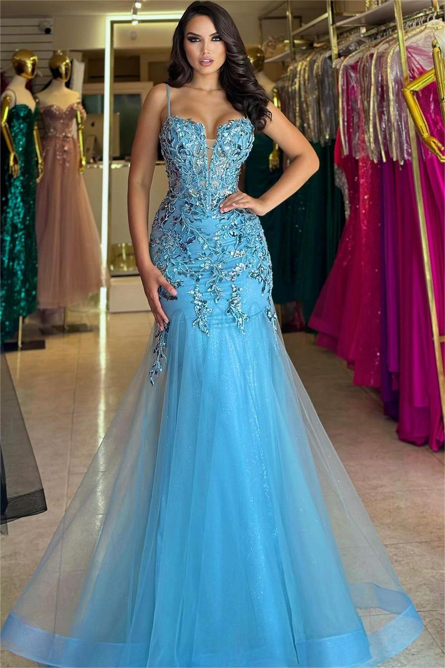 Stunning Tulle Spaghetti Strap Long Prom Dress with Embroidery