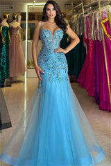 Stunning Tulle Spaghetti Strap Long Prom Dress with Embroidery