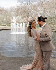 Stunning V-Neck Long Sleeve Mermaid Wedding Dress with Slit