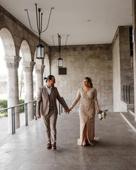 Stunning V-Neck Long Sleeve Mermaid Wedding Dress with Slit