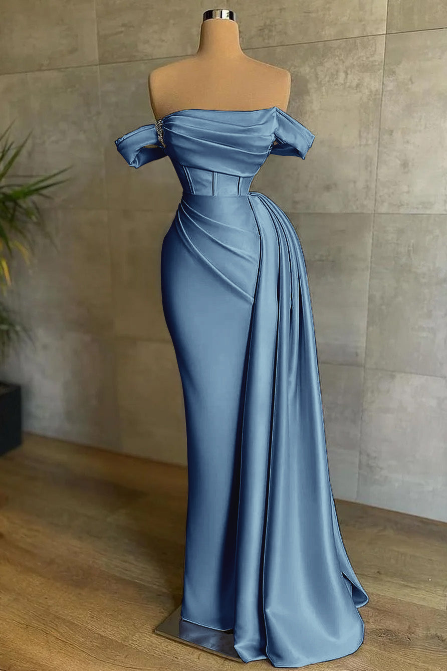 Stunning Off the Shoulder Strapless Mermaid Long Prom Dress with Pleats