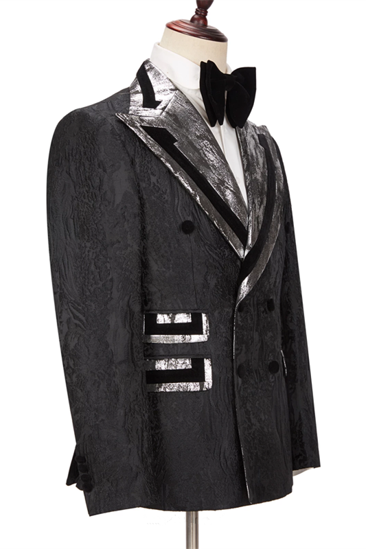 Stylish Black Double-Breasted Wedding Suit with Peaked Lapel for Groom