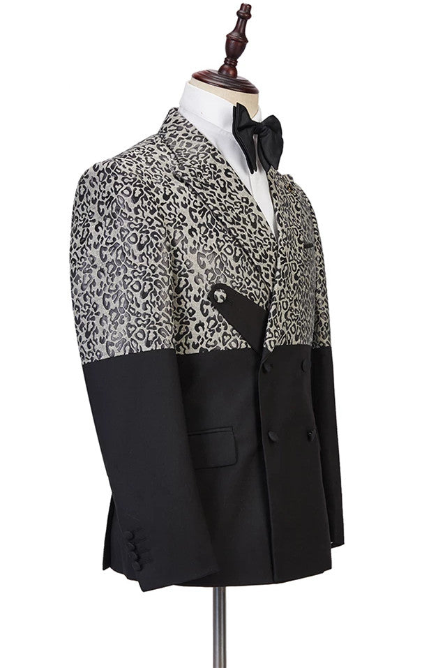 Stylish Black Leopard Print Double-Breasted Outfit for Men