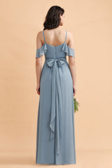 Stylish Cold-Shoulder Ruffles Chiffon Bowknot Bridesmaid Dress with Pockets On Sale-Babyonlines