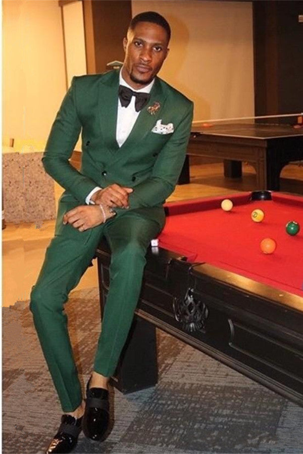 Stylish Dark Green Two-Piece Slim Fit Prom Suit with Peaked Lapel