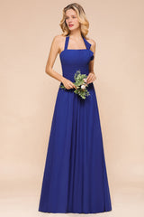 Stylish Halter Backless Royal Blue Bridesmaid Dress Affordable with Ruffle-Babyonlines