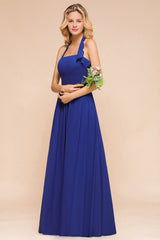 Stylish Halter Backless Royal Blue Bridesmaid Dress Affordable with Ruffle-Babyonlines