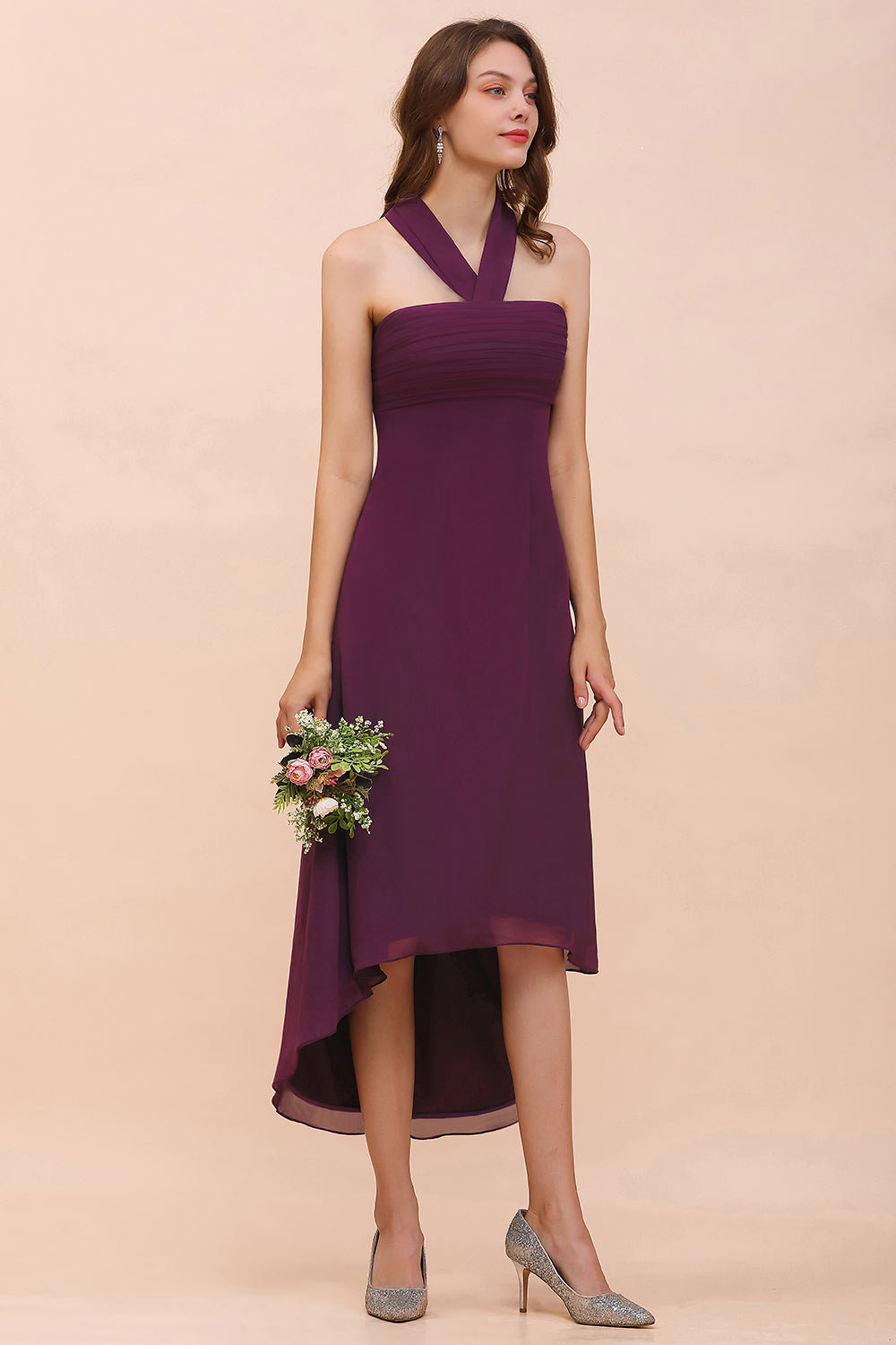 Stylish Hi-Lo Halter Grape Chiffon Affordable Bridesmaid Dresses with Ruffle-Babyonlines