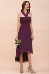 Stylish Hi-Lo Halter Grape Chiffon Affordable Bridesmaid Dresses with Ruffle-Babyonlines