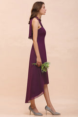 Stylish Hi-Lo Halter Grape Chiffon Affordable Bridesmaid Dresses with Ruffle-Babyonlines