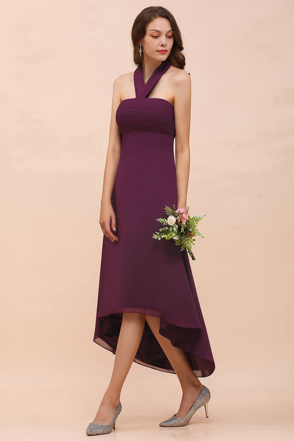Stylish Hi-Lo Halter Grape Chiffon Affordable Bridesmaid Dresses with Ruffle-Babyonlines