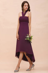 Stylish Hi-Lo Halter Grape Chiffon Affordable Bridesmaid Dresses with Ruffle-Babyonlines