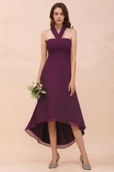 Stylish Hi-Lo Halter Grape Chiffon Affordable Bridesmaid Dresses with Ruffle-Babyonlines