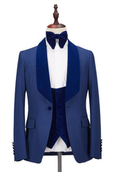 Stylish Royal Blue Velvet Stitching One Button New Wedding Party Suit with Shawl Lapel