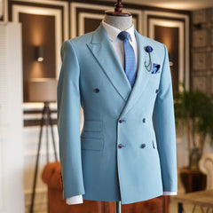 Stylish Sky Blue Double-Breasted Groom Suit with Peaked Lapel