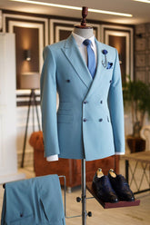 Stylish Sky Blue Double-Breasted Groom Suit with Peaked Lapel