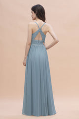 Stylish Straps V-Neck Chiffon Lace Dusty Blue Bridesmaid Dress On Sale-Babyonlines