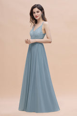 Stylish Straps V-Neck Chiffon Lace Dusty Blue Bridesmaid Dress On Sale-Babyonlines