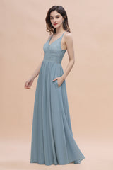 Stylish Straps V-Neck Chiffon Lace Dusty Blue Bridesmaid Dress On Sale-Babyonlines