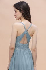 Stylish Straps V-Neck Chiffon Lace Dusty Blue Bridesmaid Dress On Sale-Babyonlines
