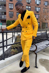 Stylish Yellow Double-Breasted Designer Wedding Suit with Peaked Lapel
