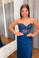 Sweetheart Blue Corset Pleated Long Prom Dress