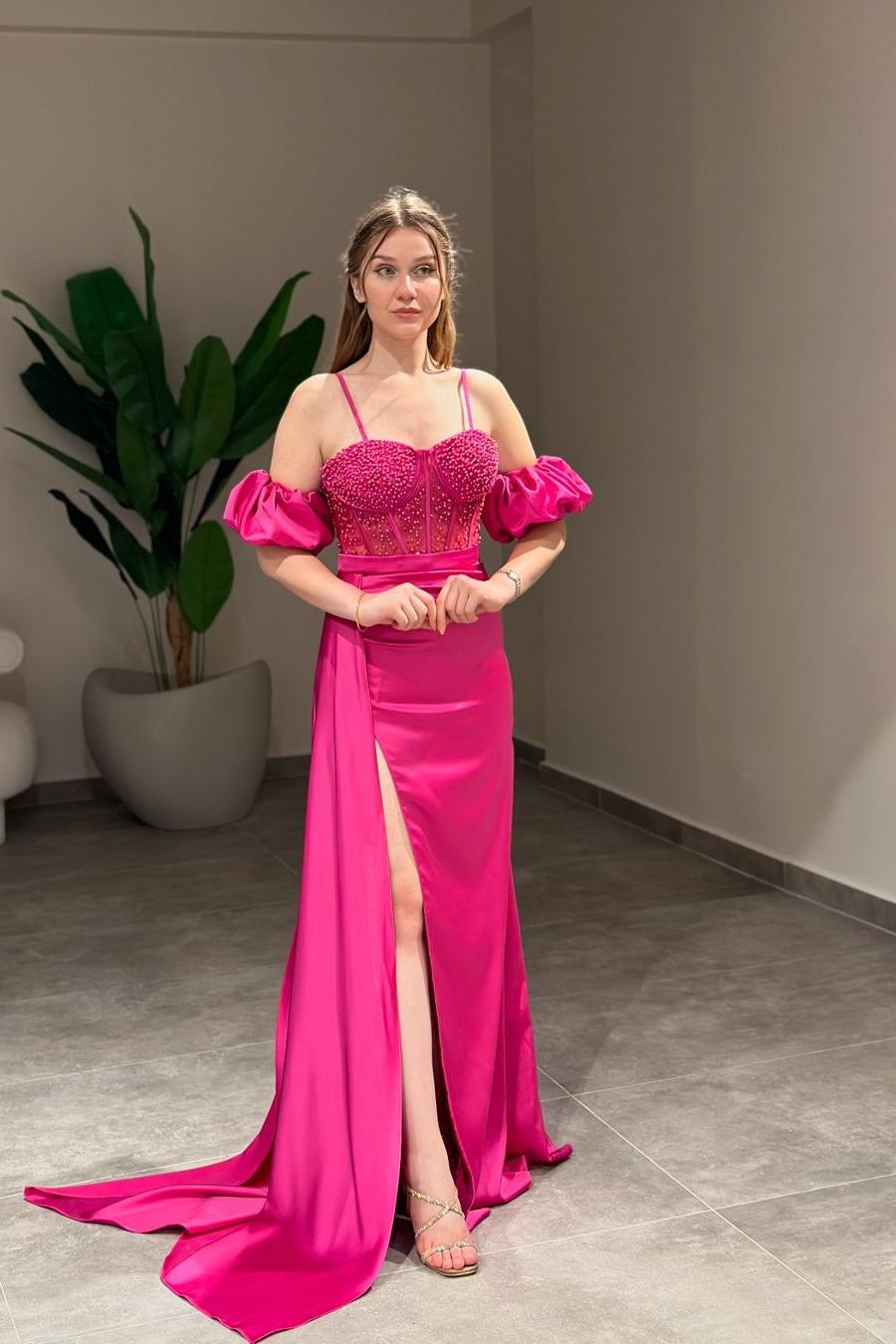 Sweetheart Long Prom Dress with Beading, High Split and Bubble Sleeves