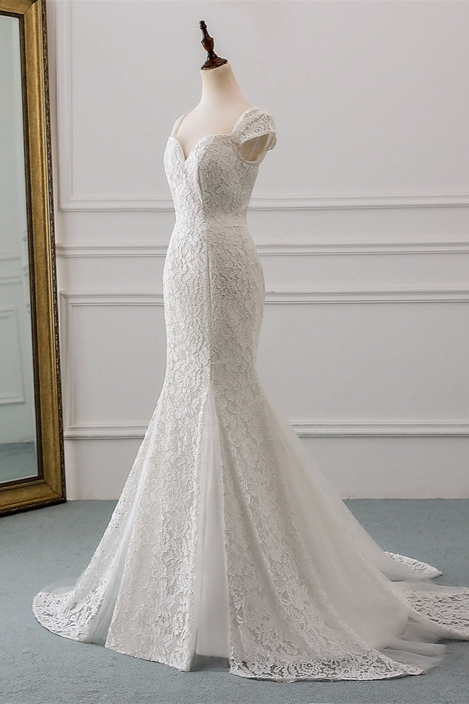 Sweetheart Lace Long Mermaid Wedding Dress with Cap Sleeves