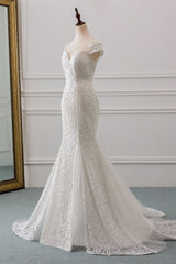 Sweetheart Lace Long Mermaid Wedding Dress with Cap Sleeves