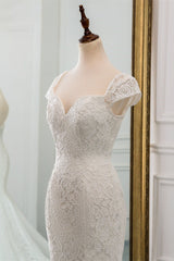 Sweetheart Lace Long Mermaid Wedding Dress with Cap Sleeves
