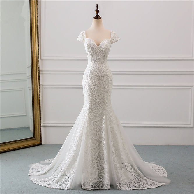 Sweetheart Lace Long Mermaid Wedding Dress with Cap Sleeves