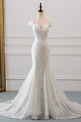 Sweetheart Lace Long Mermaid Wedding Dress with Cap Sleeves
