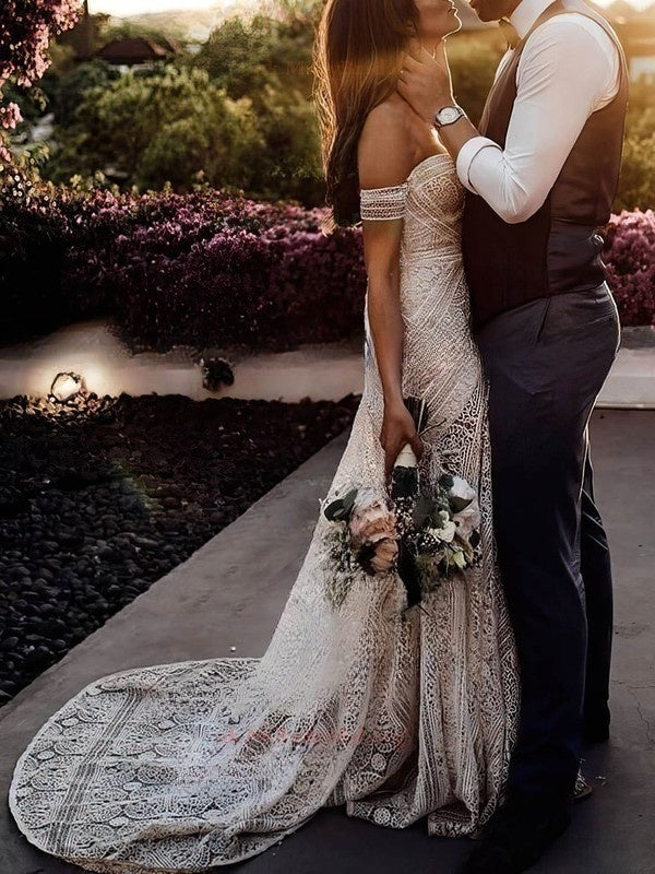 Sweetheart Lace Sweep Train Wedding Dress With Split Front Sheath/Column