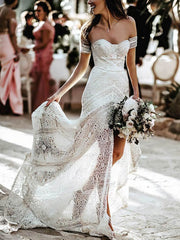 Sweetheart Lace Sweep Train Wedding Dress With Split Front Sheath/Column