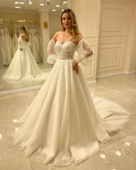 Sweetheart Long Sleeve Backless A-Line Train Wedding Dress with Lace Appliques