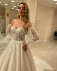 Sweetheart Long Sleeve Backless A-Line Train Wedding Dress with Lace Appliques