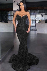 Sweetheart Spaghetti Strap Mermaid Long Prom Dress with Sequins
